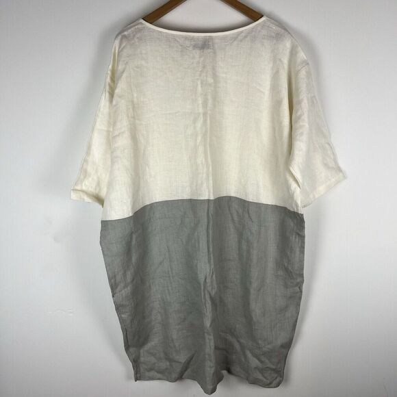 Magic Linen Color-Block Linen Dress Adria in White and Gray Lagenlook XL Pocket​ - Picture 2 of 9